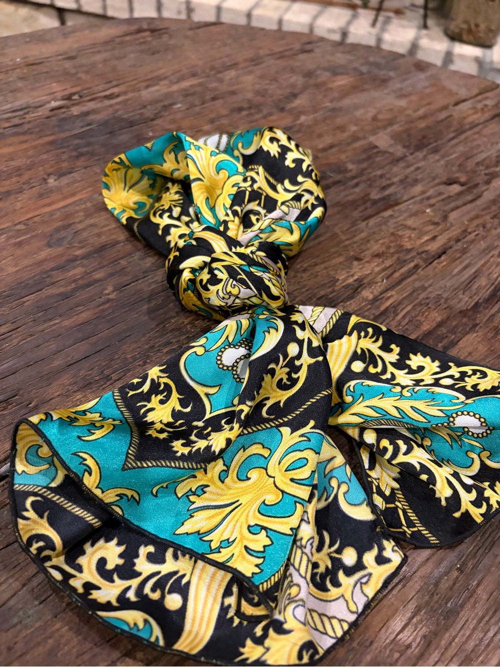 Silk-Feel Black, Teal & Gold Printed Scarf